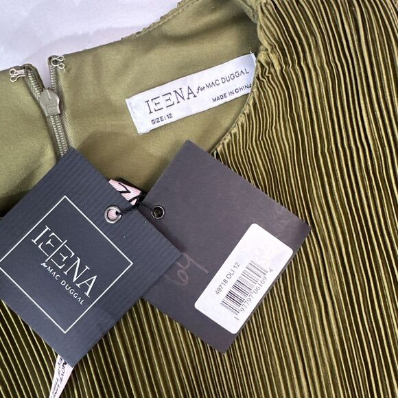 NWD IEENA Mac Duggal [ 12 ] Long Sleeve High Neck Heat Pleated Dress Olive Green - Picture 6 of 16